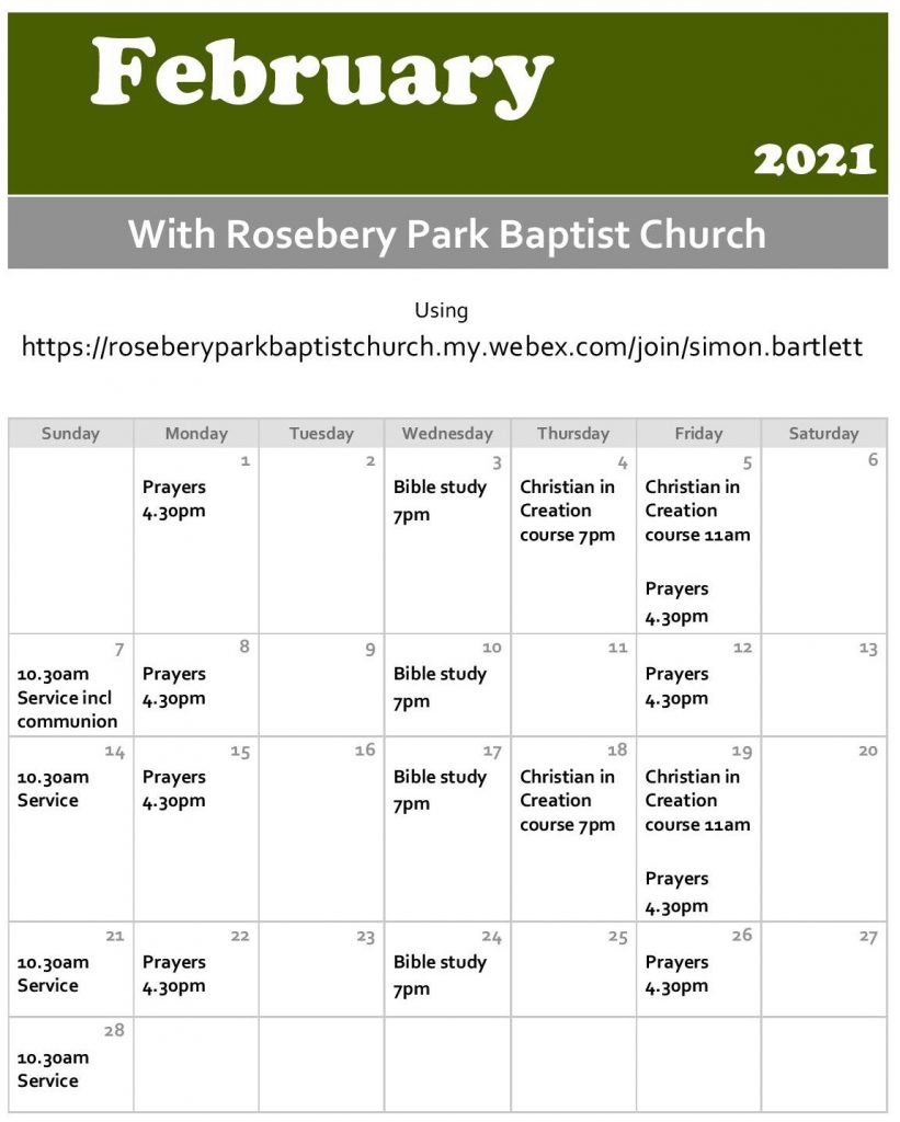 February 2021 calendar for Rosebery Park Baptist Church online