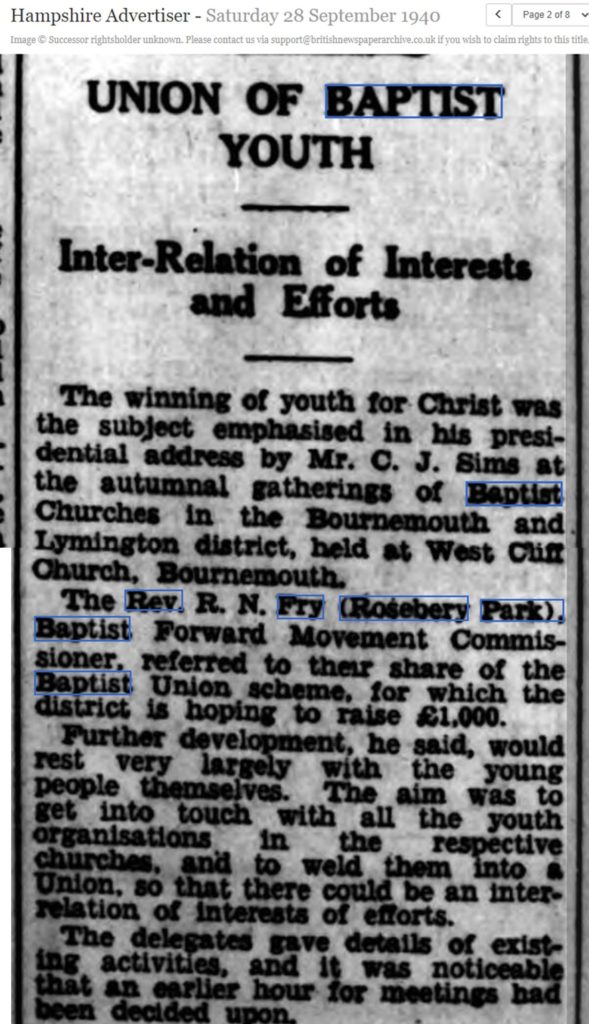 newspaper article about Rev Fry's involvement with youth work