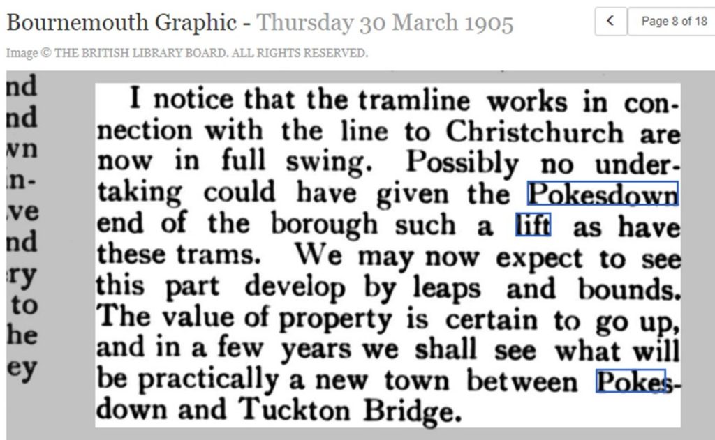 newspaper cutting from the Bournemouth Graphic in 1905, praising the extension of the tramway to Pokesdown