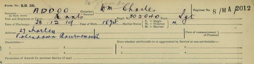 index card from the First World War naming Sergeant William Charles Addoo of 27 Morley Road, Pokesdown