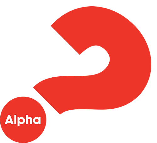 A bright red question mark, tilted to the right, with the word Alpha in white within the dot at the end of it.